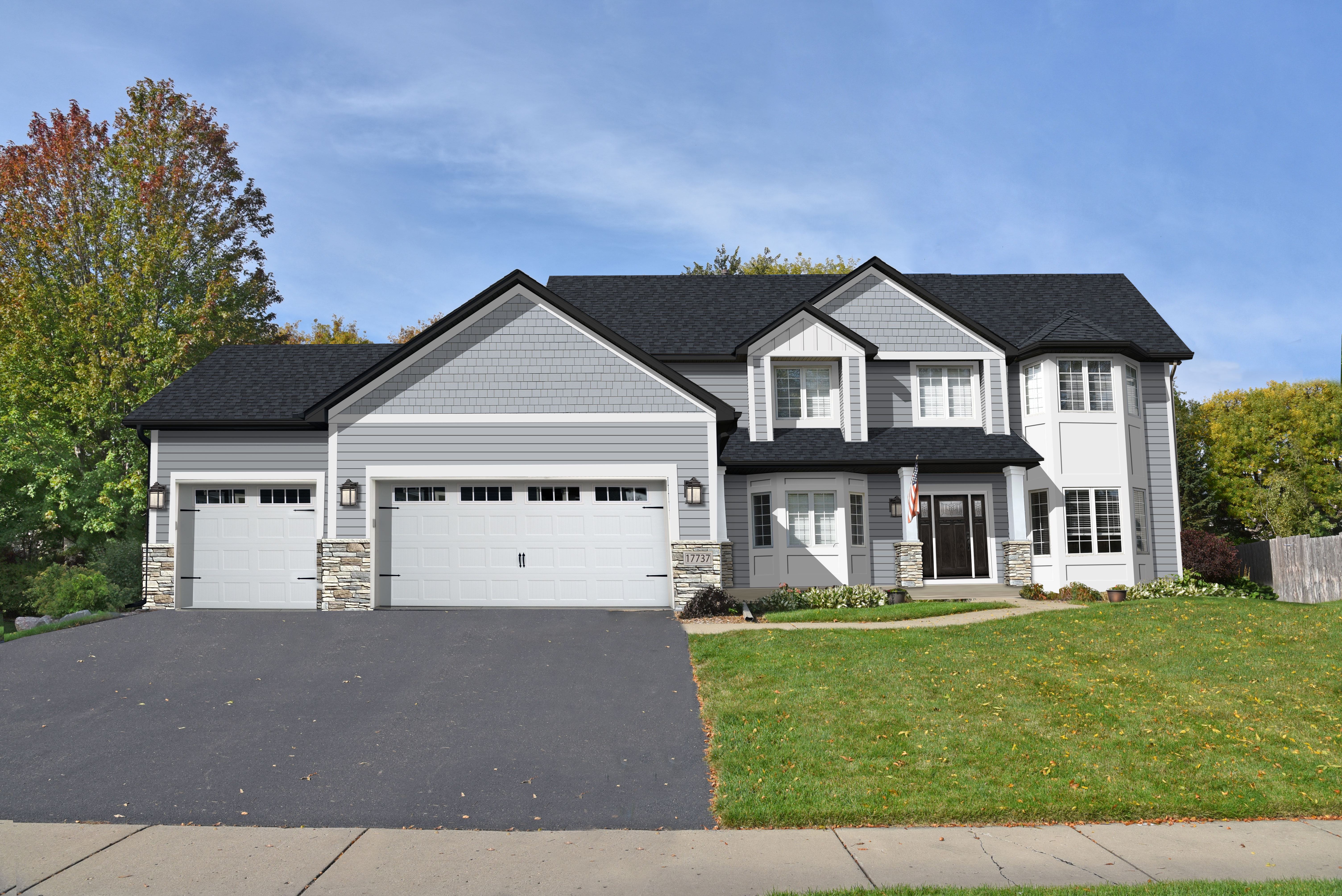 Exterior home design rendering — medium gray siding transitional style