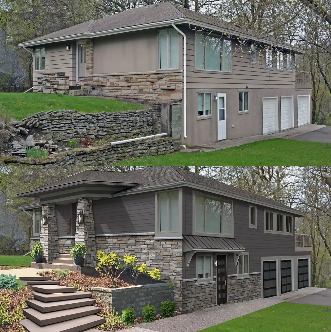 Before and after exterior home design rendering by Jensen Remodel Design