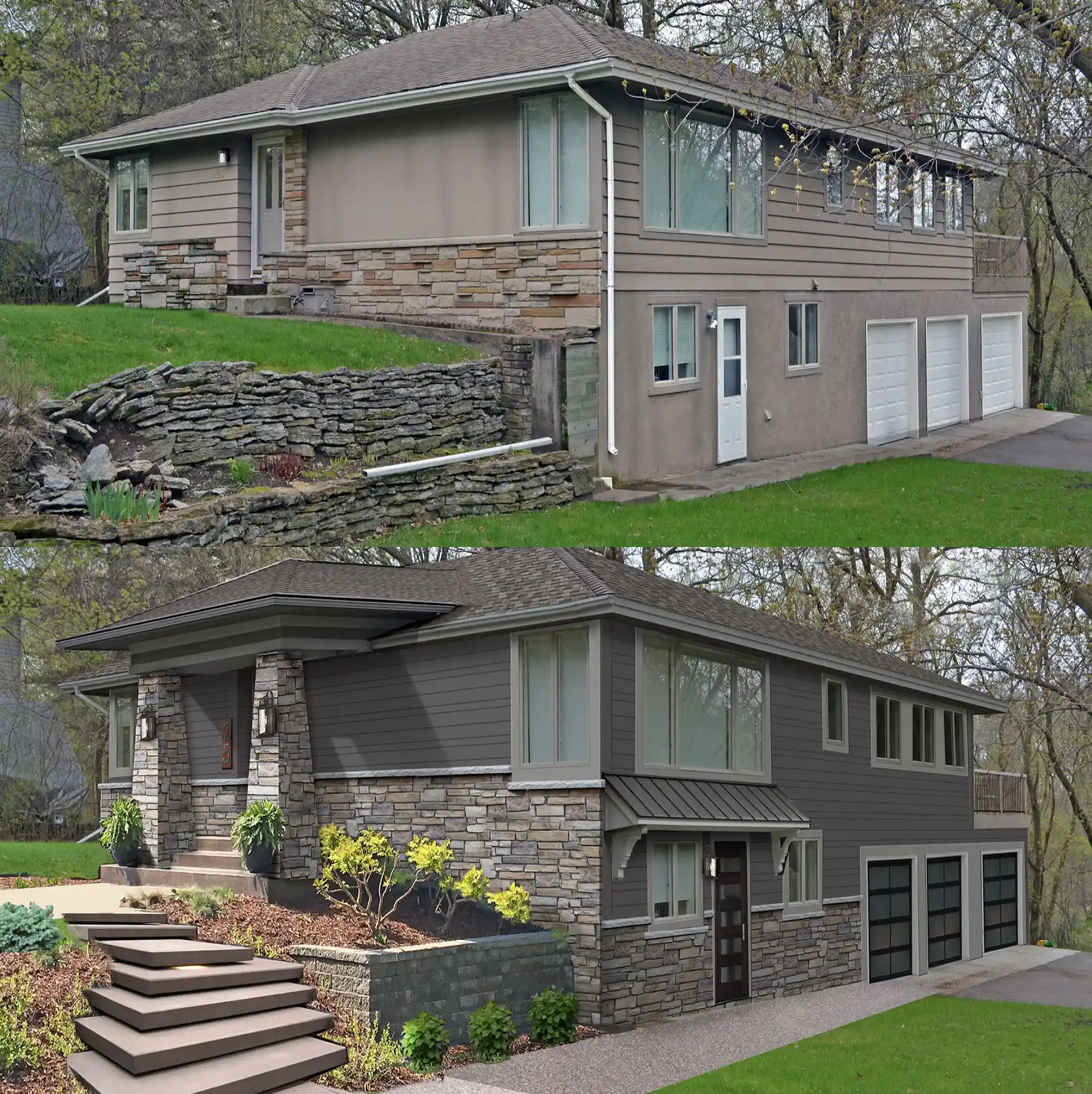 Before and after exterior home design rendering by Jensen Remodel Design